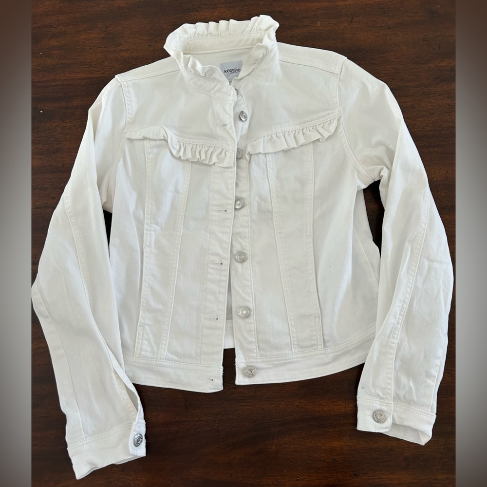 White Jean Jacket with ruffle trim